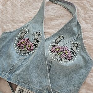 Forever 21 Denim Halter Top with Pink Floral Embroidery
